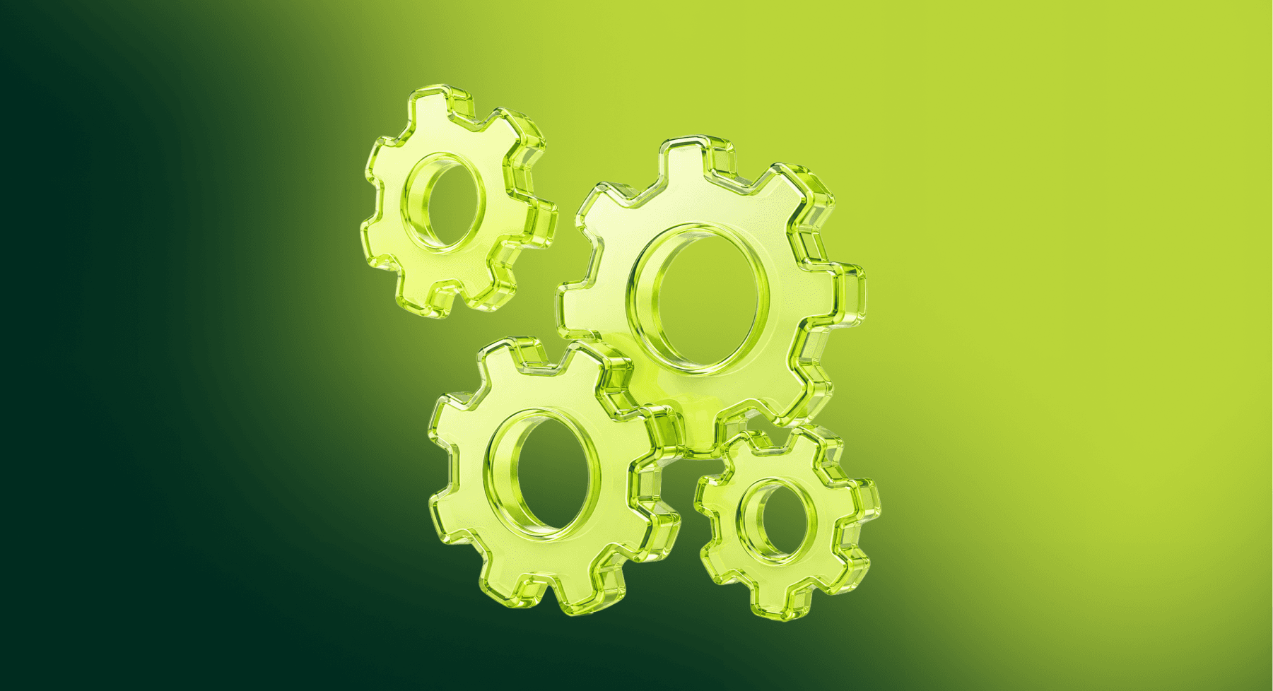 Glass 3D interlocking gears on a lime green gradient