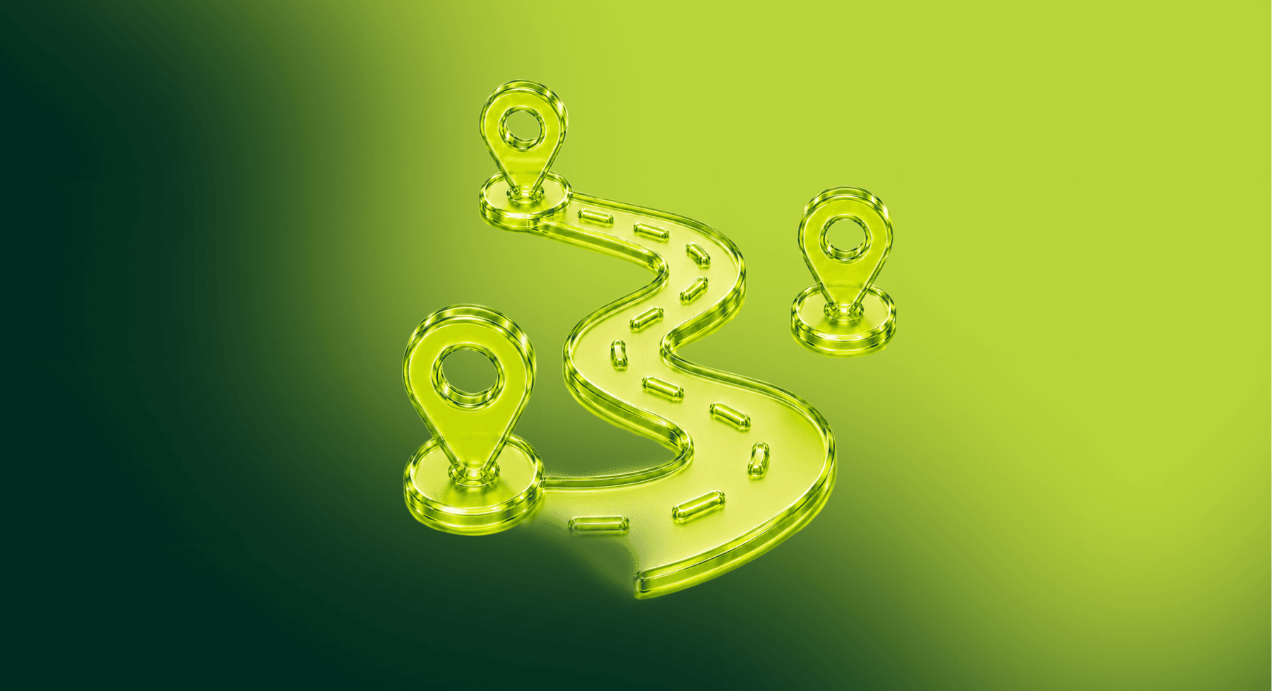 Glass 3D winding road with location markers on a lime gradient