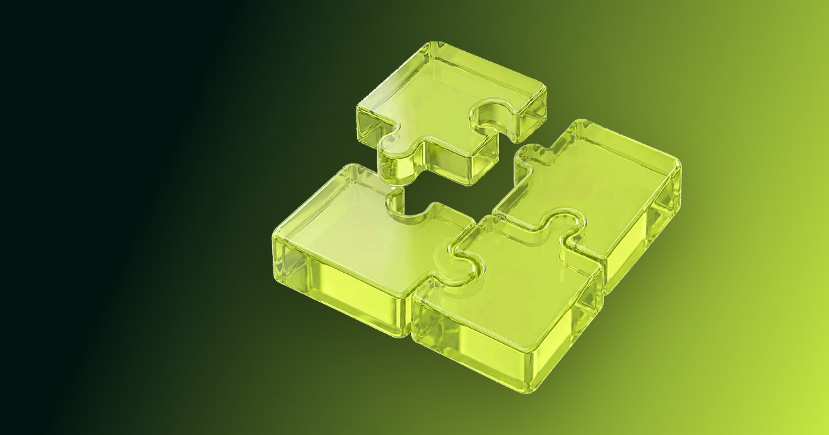 Glass 3D puzzle pieces on a lime green gradient